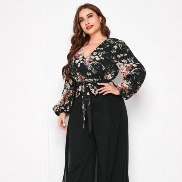 NEW Plus Floral Print Lantern Sleeve Wide Leg Jumpsuit With Skirt Women's Size 2 - Picture 10 of 13